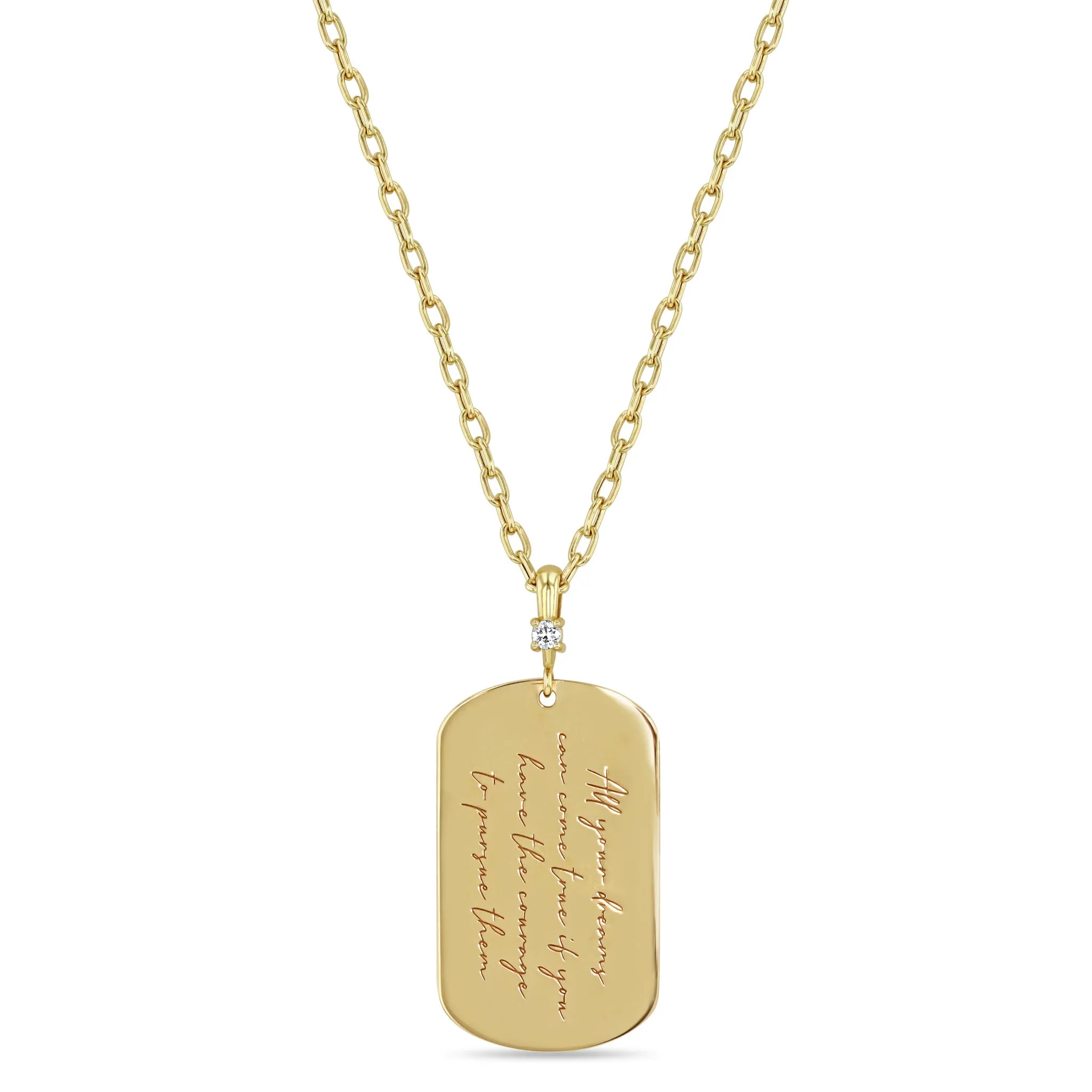 14k Large All your dreams can come true if you have the courage to pursue them Dog Tag with Diamond Bail Square Oval Chain Necklace