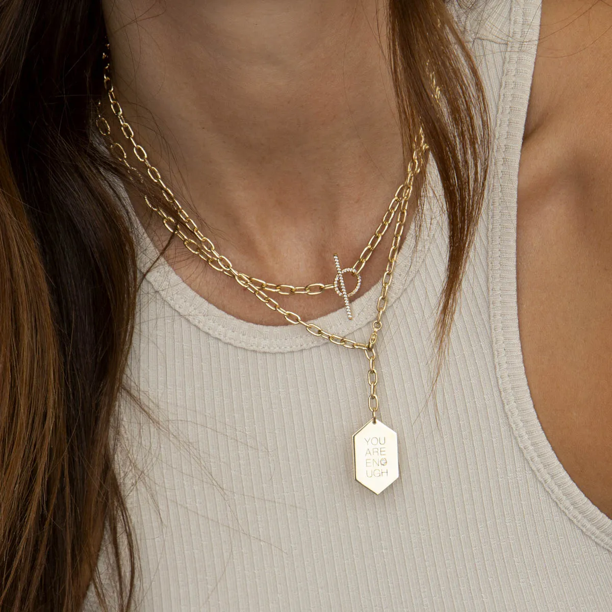 14k Medium You are Enough Elongated Hexagon Pendant on Adjustable Medium Square Oval Chain Necklace