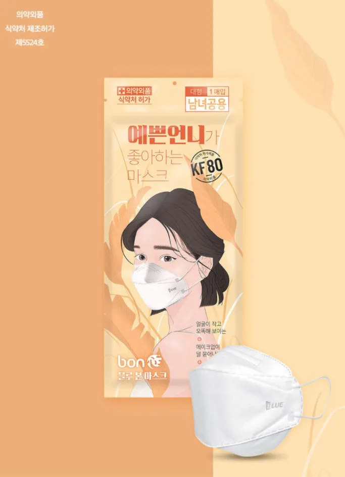 Blue Bon Mask KF80 Large Size 3D Unisex Multi 4 Stage Filter Disposable Mask White Color