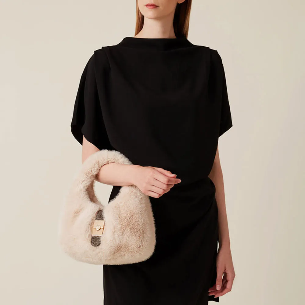 Borsa Donna Hobo Small BORBONESE linea Cortina in Tessuto Effetto Pelliccia color Cachemire