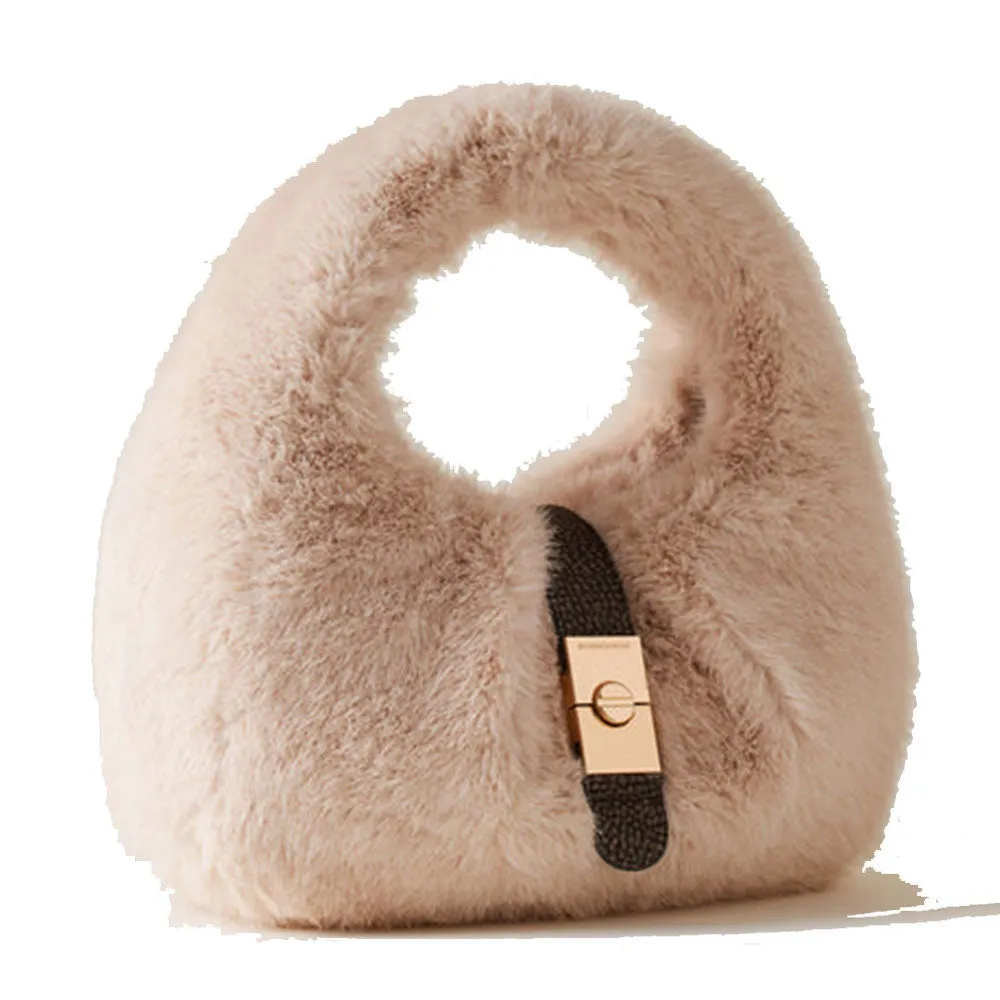 Borsa Donna Hobo Small BORBONESE linea Cortina in Tessuto Effetto Pelliccia color Cachemire