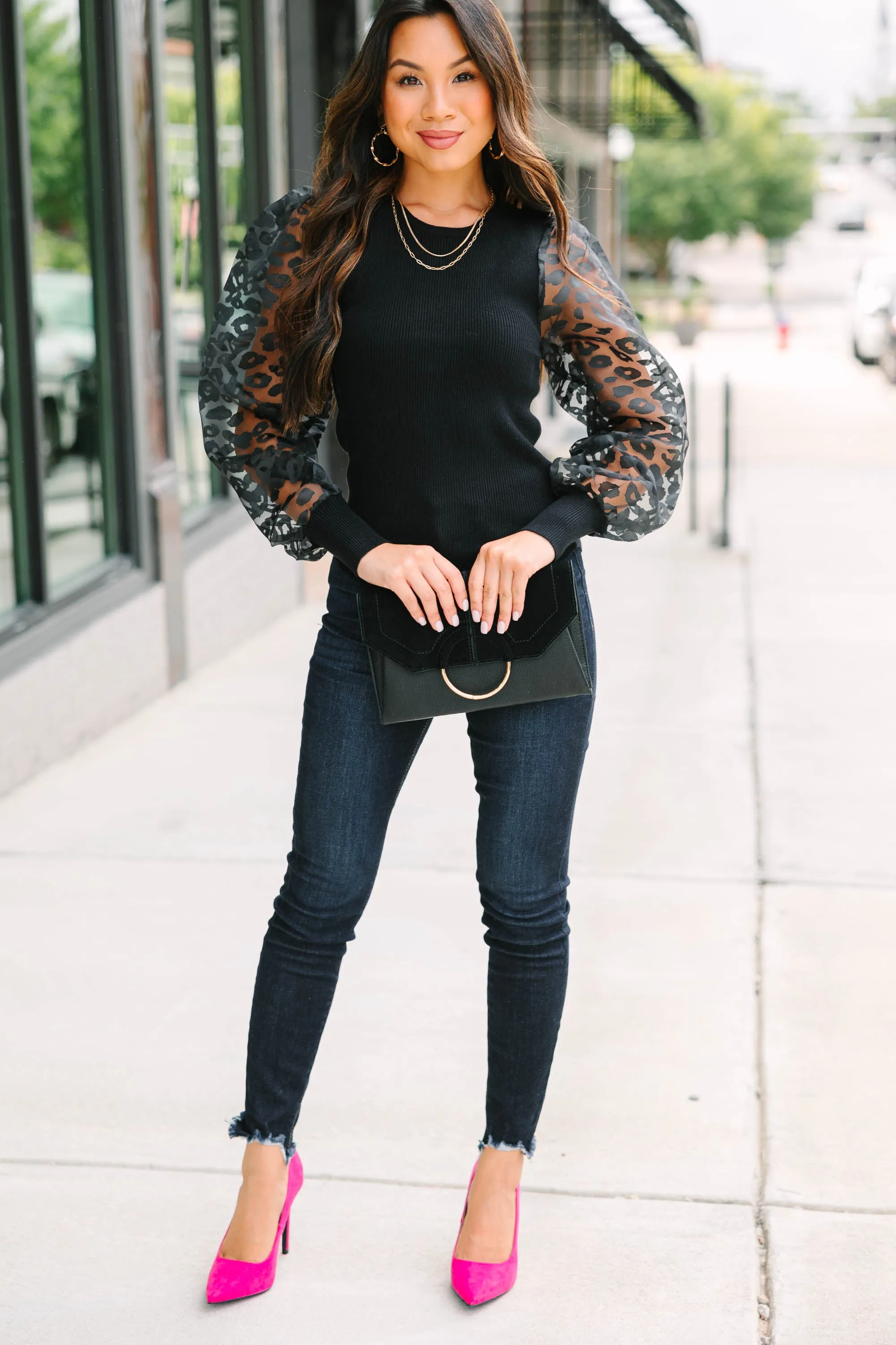 Can't Leave You Now Black Leopard Sleeve Blouse