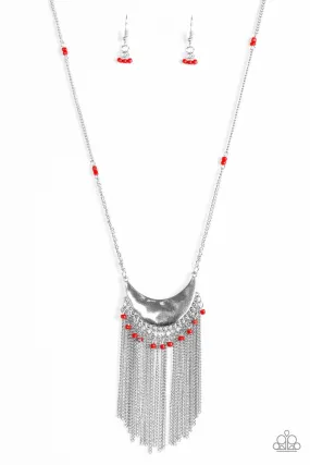 Desert Trance Long Red and Silver Fringe Necklace - Paparazzi Accessories